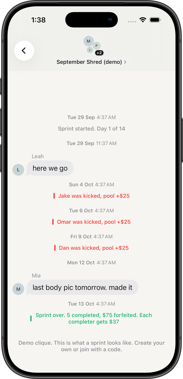 A settled sprint: three kicks and the payout line